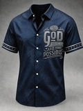Men's With God All Things Are Possible Cross Pattern Black Dotted Short Sleeve Button Shirt