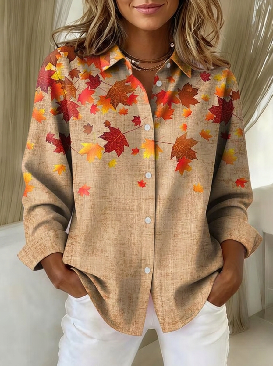 Women's Autumn Fall Maple Leaf Printed Button Down Shirt