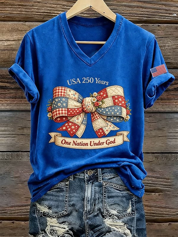 250 Years Of God Under One Country Printed V-Neck T-Shirt For American Women