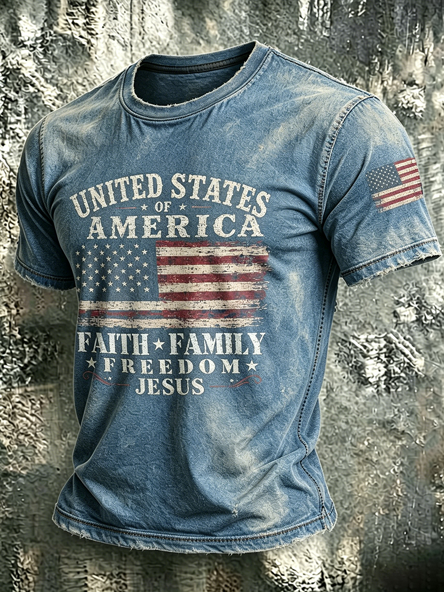 American Flag Faith Commemorative Printed Washed Round Neck T-Shirt