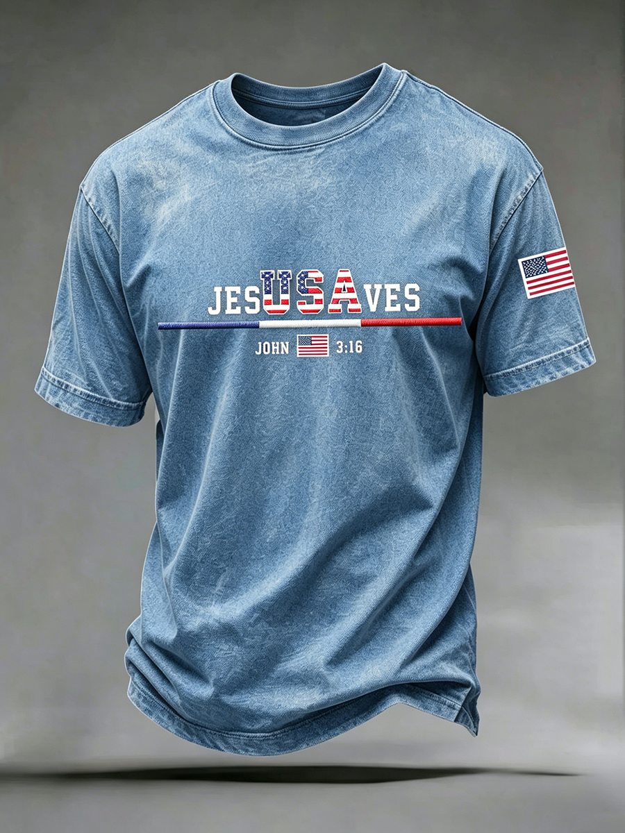 Faith Jesus Cross Embroidered Printed Casual Round Neck T-Shirt