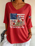 Women'S America Flag Floral Printed V Neck 3/4 Sleeve Casual Tee