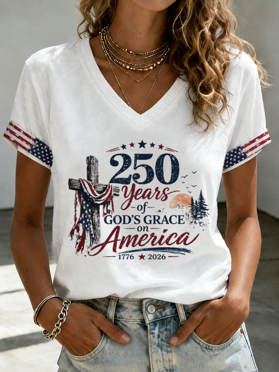 Women's Casual American Faith Printed V-Neck T-Shirt