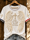 Under His Wings, You Will Find A Sanctuary Of Elegant Horses With Wings And Cross Printed Short Sleeved T-Shirts