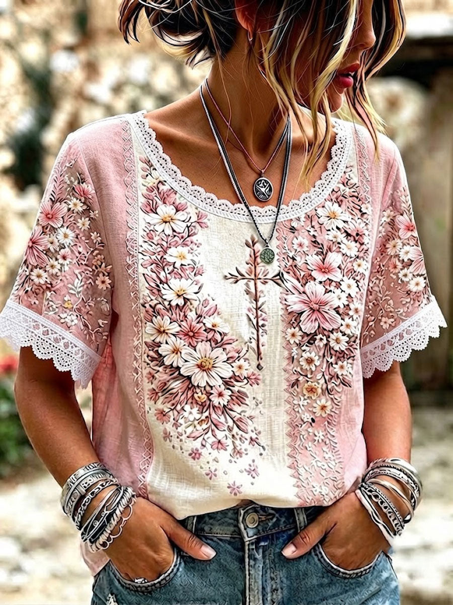 Women's Lace Trim Floral Floral Cotton Linen Top