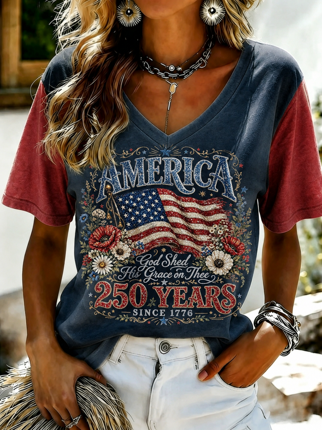 Women'S America Flag Print Casual V-Neck T-Shirt