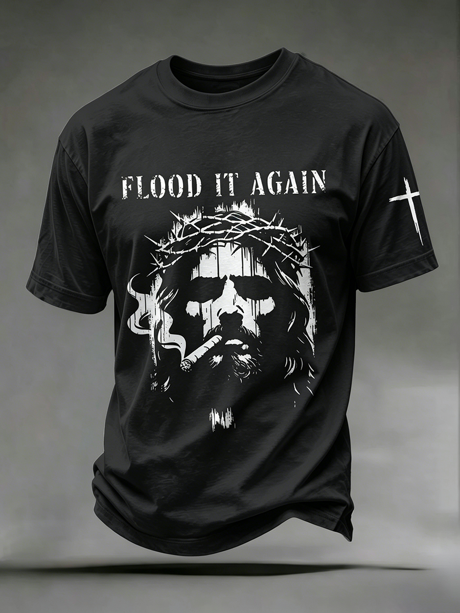 Faith Jesus Cross Embroidered Printed Casual Round Neck T-Shirt