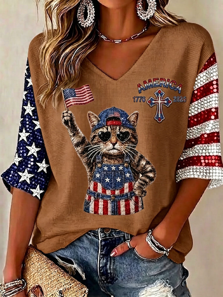 Ladies' American Cat Flag Cross Pattern V-Neck Casual Top