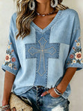 Retro Faith Denim Patchwork Art Women's Short-Sleeve V-Neck T-Shirt