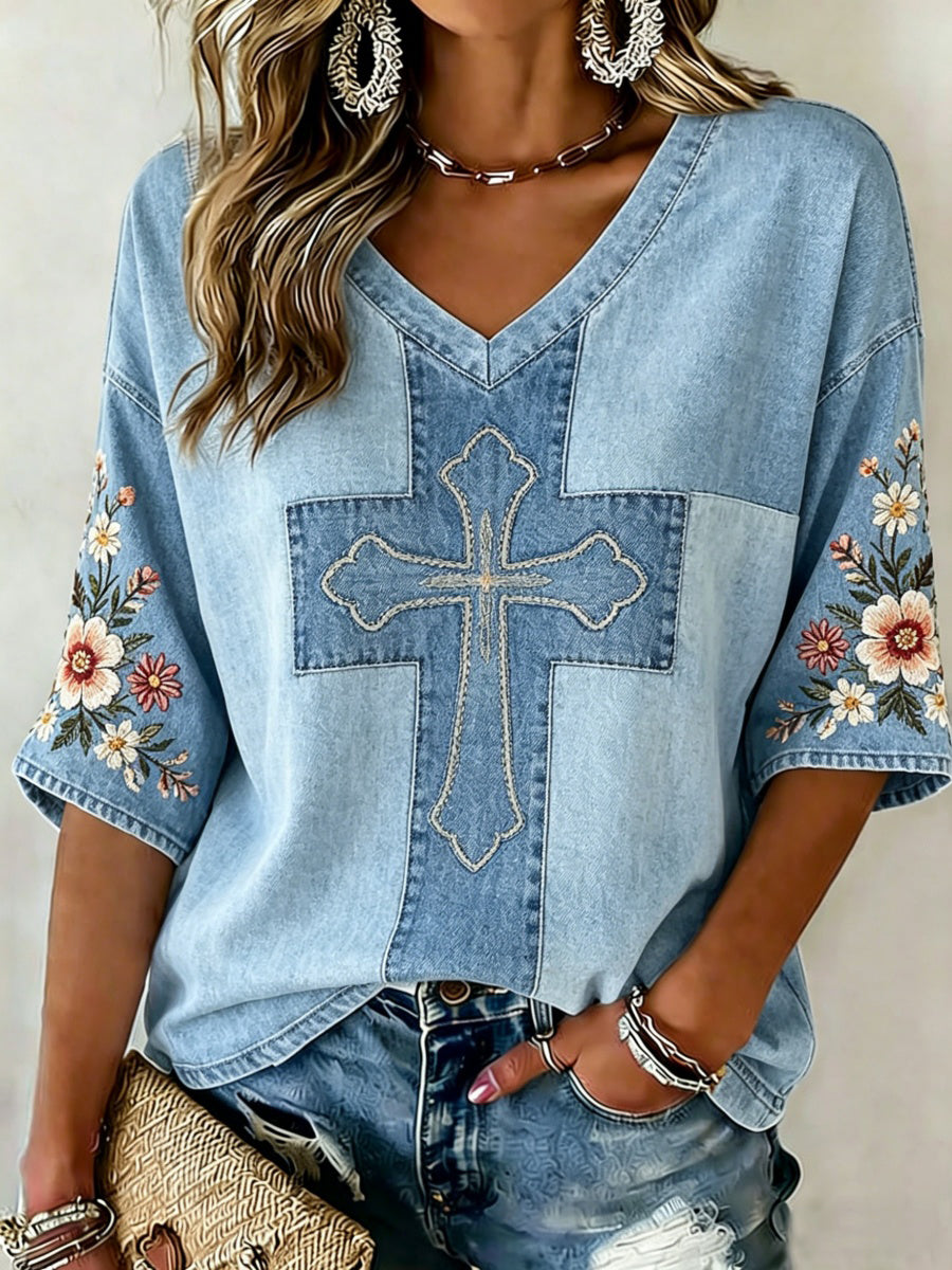 Retro Faith Denim Patchwork Art Women's Short-Sleeve V-Neck T-Shirt