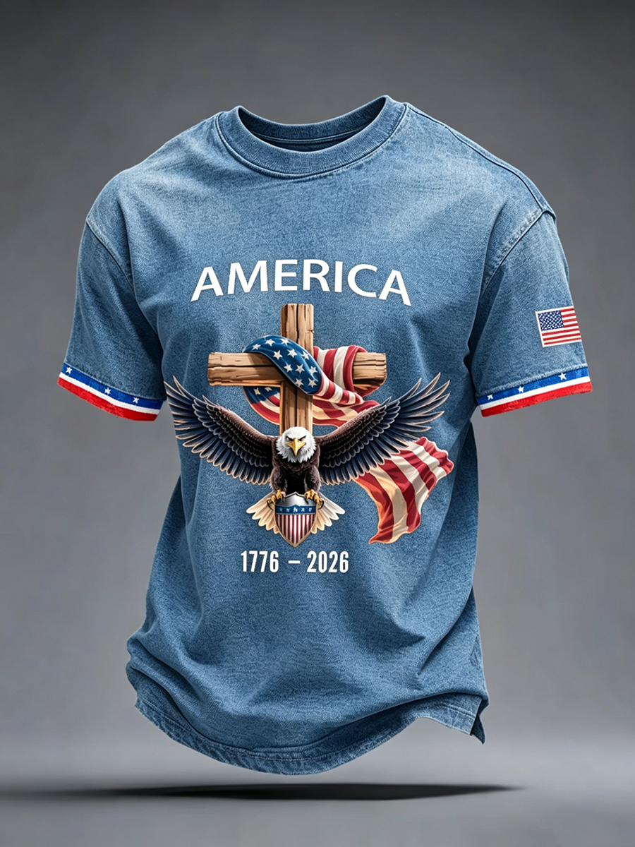 American Flag Commemorative Eagle Cross Printed Round Neck T-Shirt
