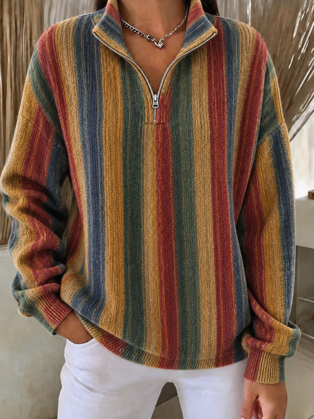 Women'S Autumn Plaid Art Printed Casual Striped Zipper Top