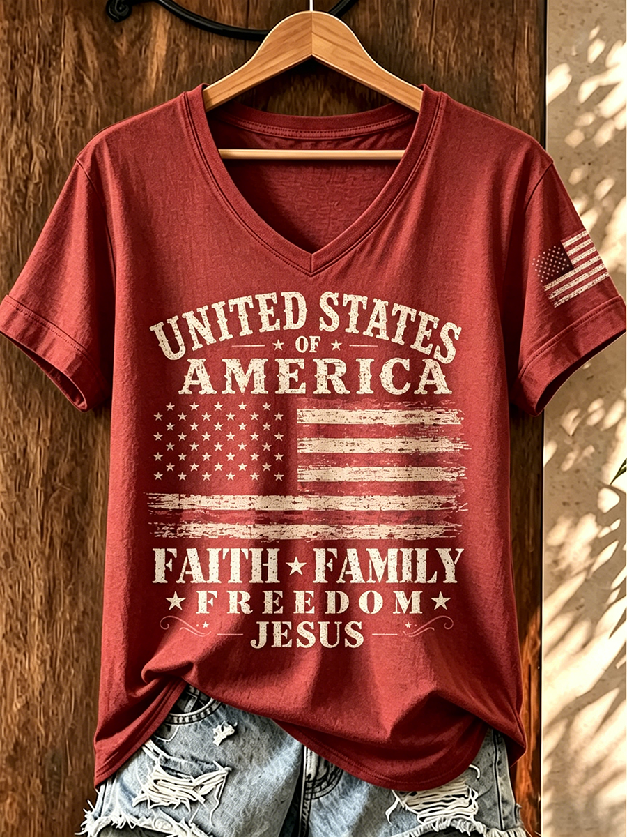 American Faith Jesus Commemorative Print V-Neck Top