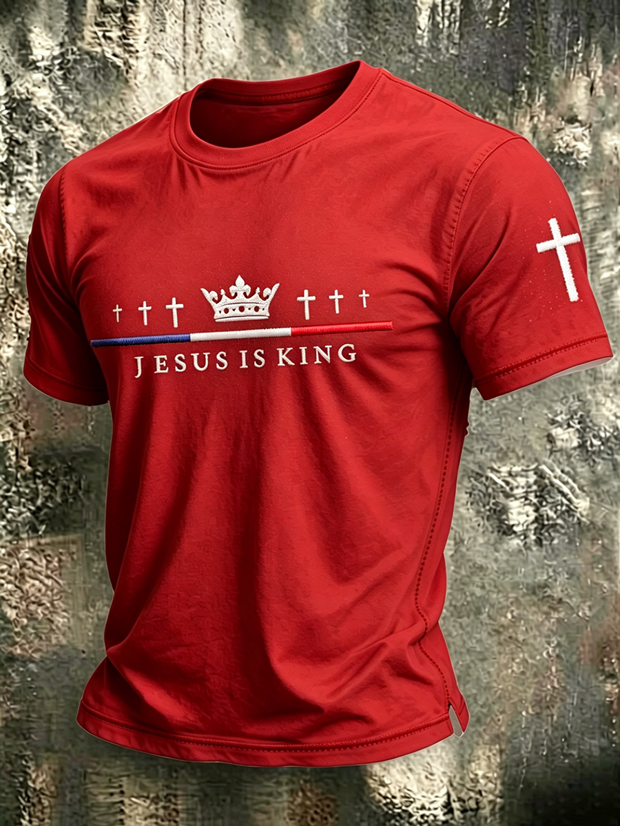 Faith Jesus Cross Embroidered Printed Casual Round Neck T-Shirt