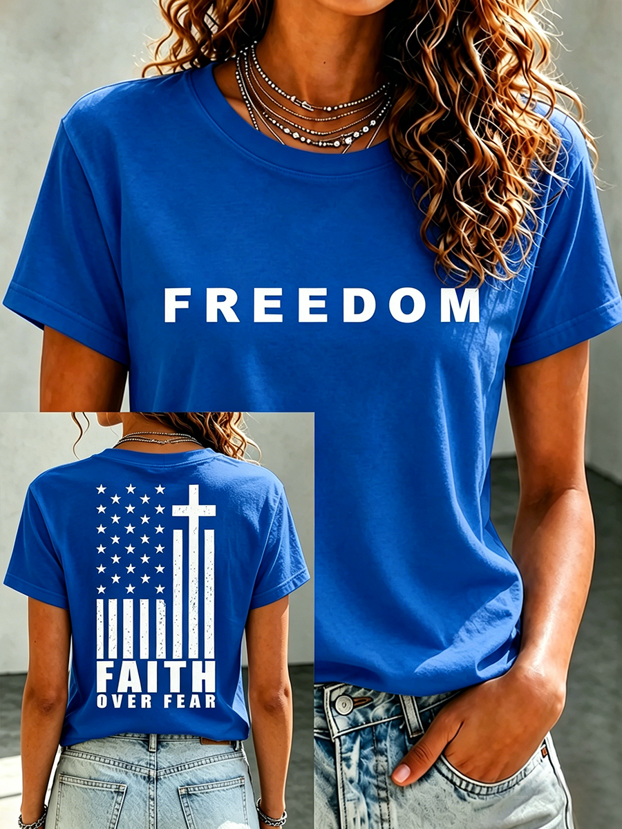 Freedom America Flag Faith Commemorative Printed Casual T-Shirt