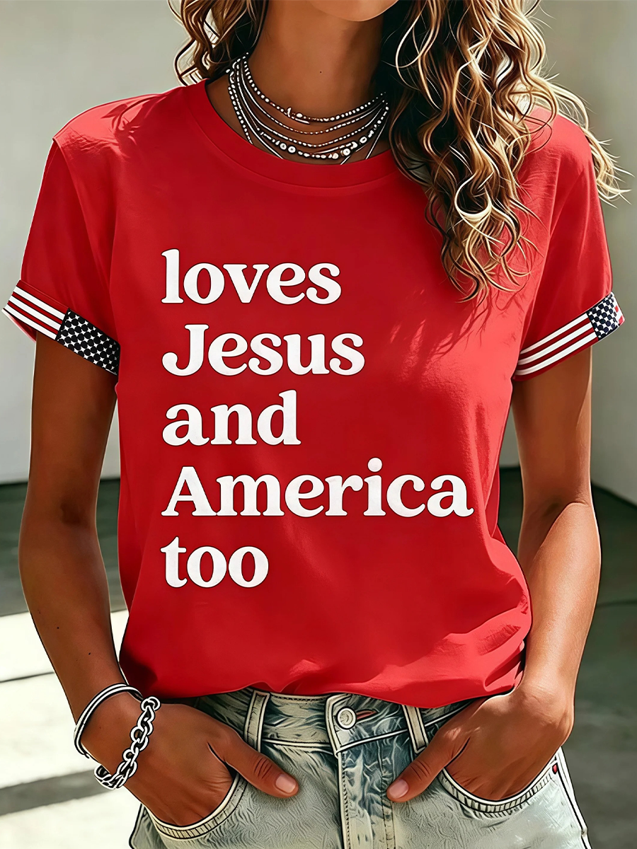 American Flag Faith Commemorative Printed Round Neck T-Shirt