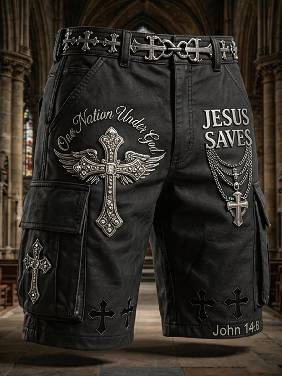 Vintage“One Nation Under God”Cross-Print Men's Shorts