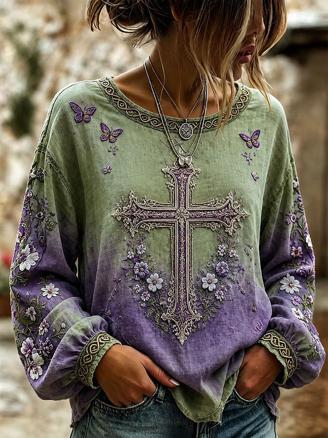 Women'S Floral Cross Printed Casual Cotton And Linen Top
