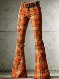Ladies' Autumn Orange Checkered Pattern Denim Pants