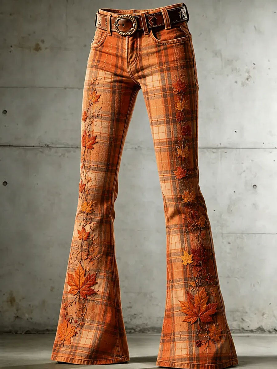Ladies' Autumn Orange Checkered Pattern Denim Pants
