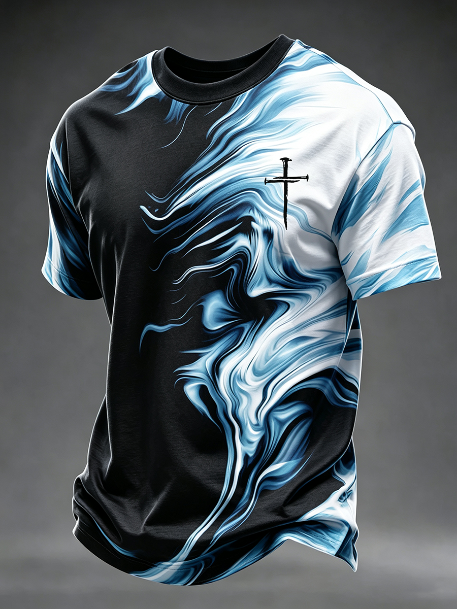 Religious Belief Gradient Cross Print Round Neck T-Shirt