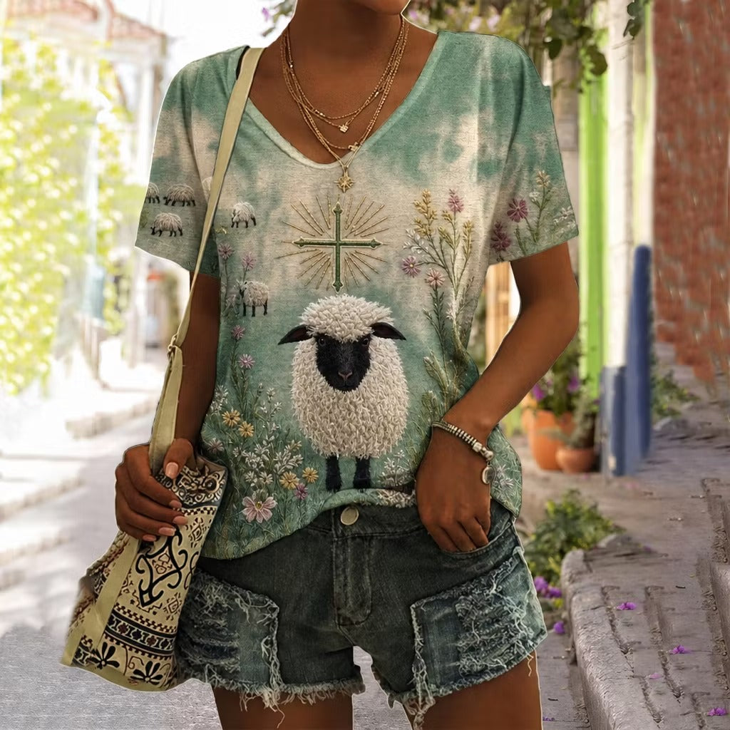 Women's Farm Sheep Cross Floral V-neck T-shirt