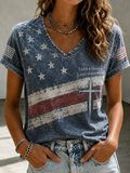 Women'S Clothing Belief And Flag Print Casual V-Neck Top
