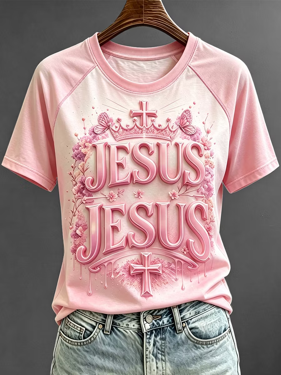 Women's Jesus Cross Print Faith Base Short Sleeve T-shirt