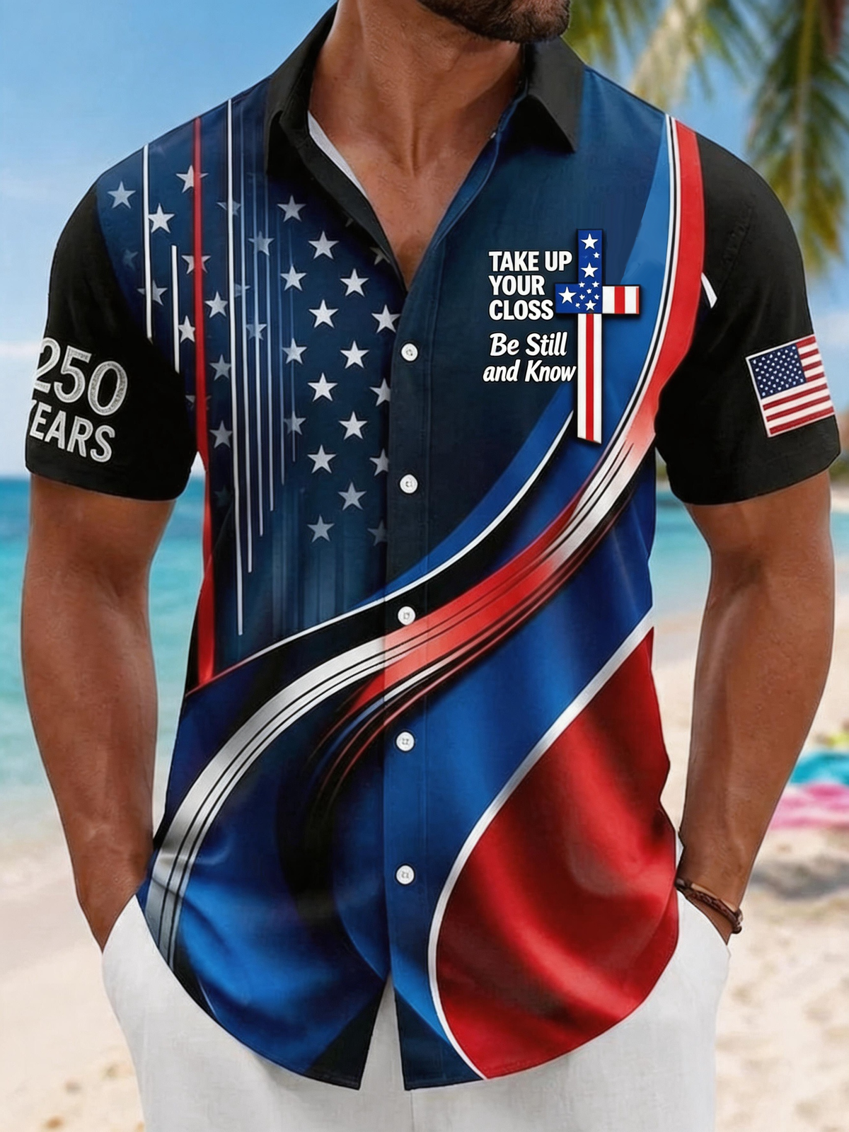 Men'S Patriotic American Flag Button Shirt