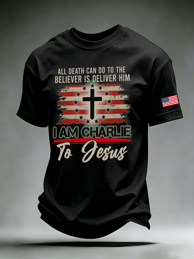 Men's Vintage Washed Dark Gray I Am Charlie To Jesus American Flag Cross Faith Quote Crew Neck T-Shirt
