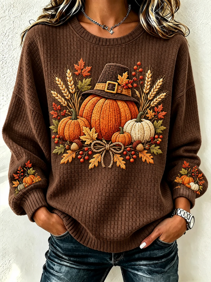 Women Maple Leaf Henley Collar Casual Spring/Fall Long Sleeve Sweatshirt