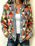Ladies' Contrasting Color Casual Printed Knitted Cardigan Top