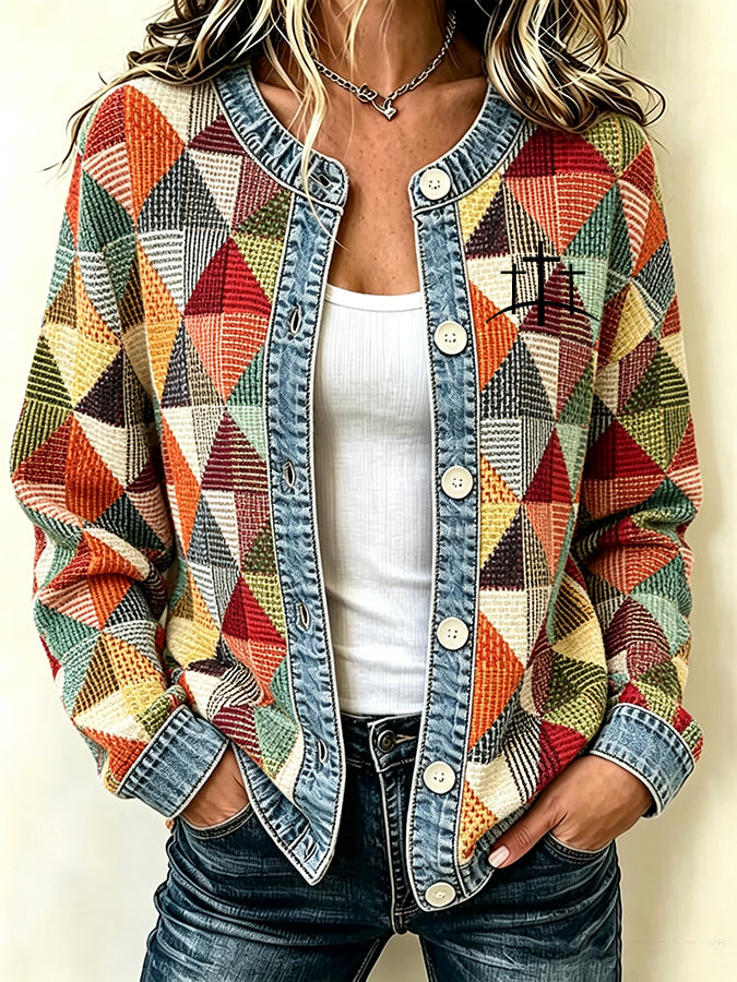 Ladies' Contrasting Color Casual Printed Knitted Cardigan Top