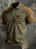 Men'S Faith Cross And American Flag Print Waffle Polo Shirt