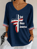 Women'S Independence Day Printed V Neck 3/4 Sleeve Casual Tee
