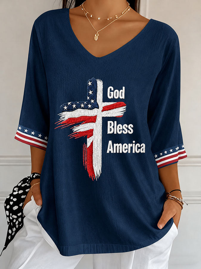 Women'S Independence Day Printed V Neck 3/4 Sleeve Casual Tee