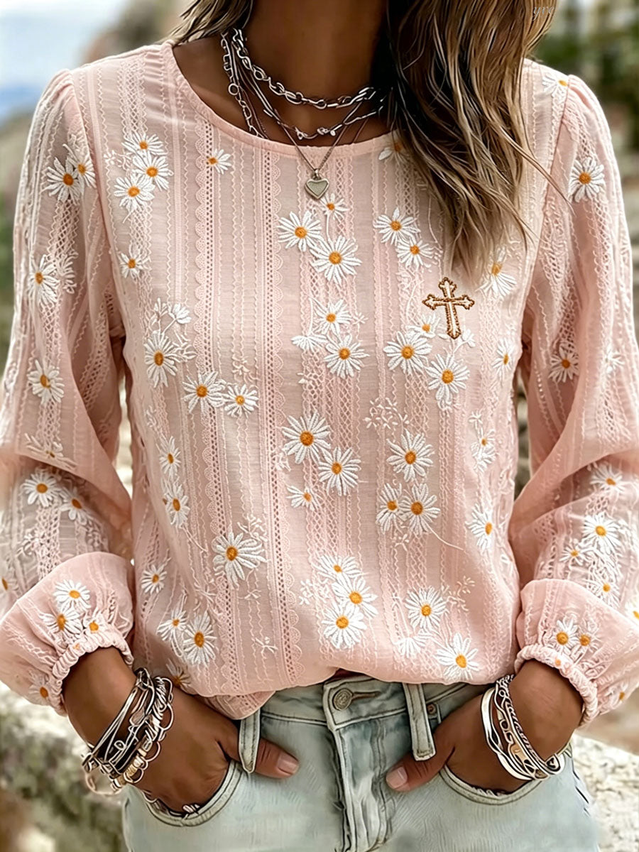 Women'S Casual Floral Faith Print Cotton Linen Top