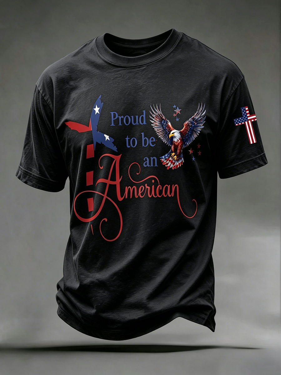 American Faith Cross Slogan Commemorative Print Round Neck T-Shirt