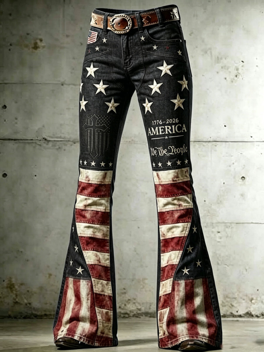 Ladies' American Flag Pattern Cross Printed Trumpet Pants