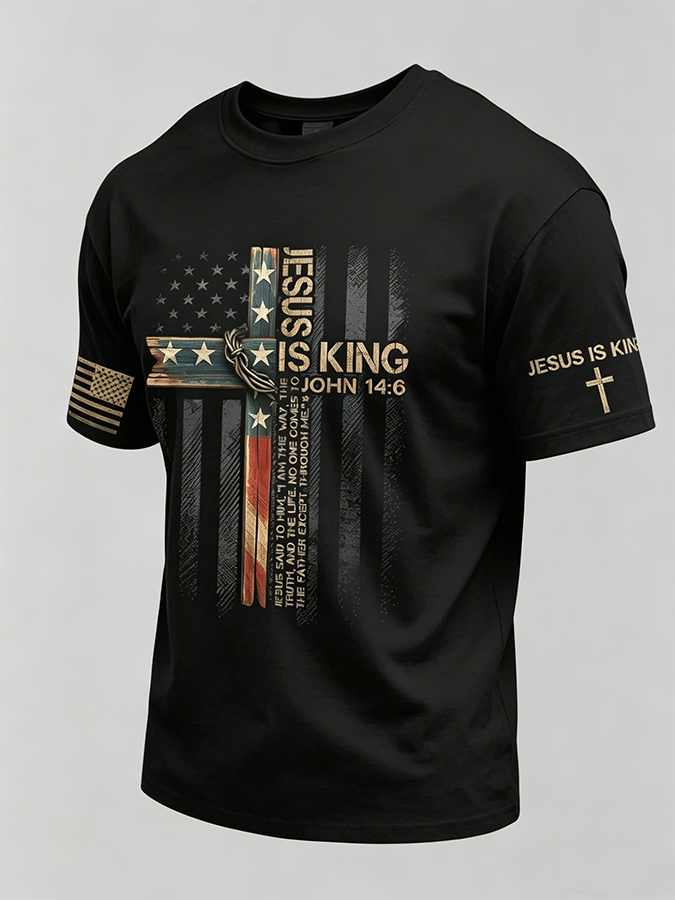 Jesus Is King John 14:6 American Flag Cross Patriotic Christian T-Shirt