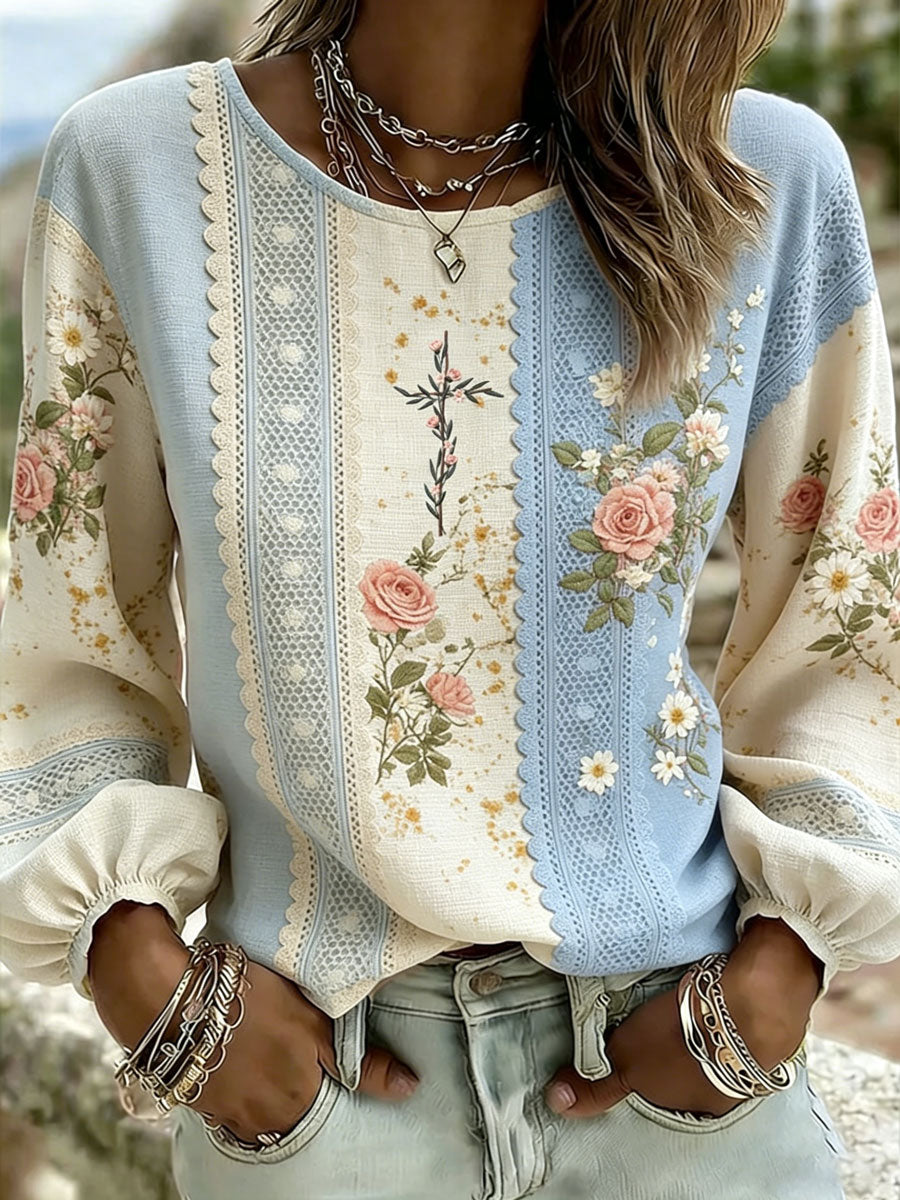 Women'S Casual Floral Faith Print Cotton Linen Top
