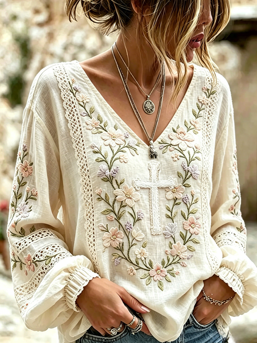 Women's Casual Floral Cotton Linen Top