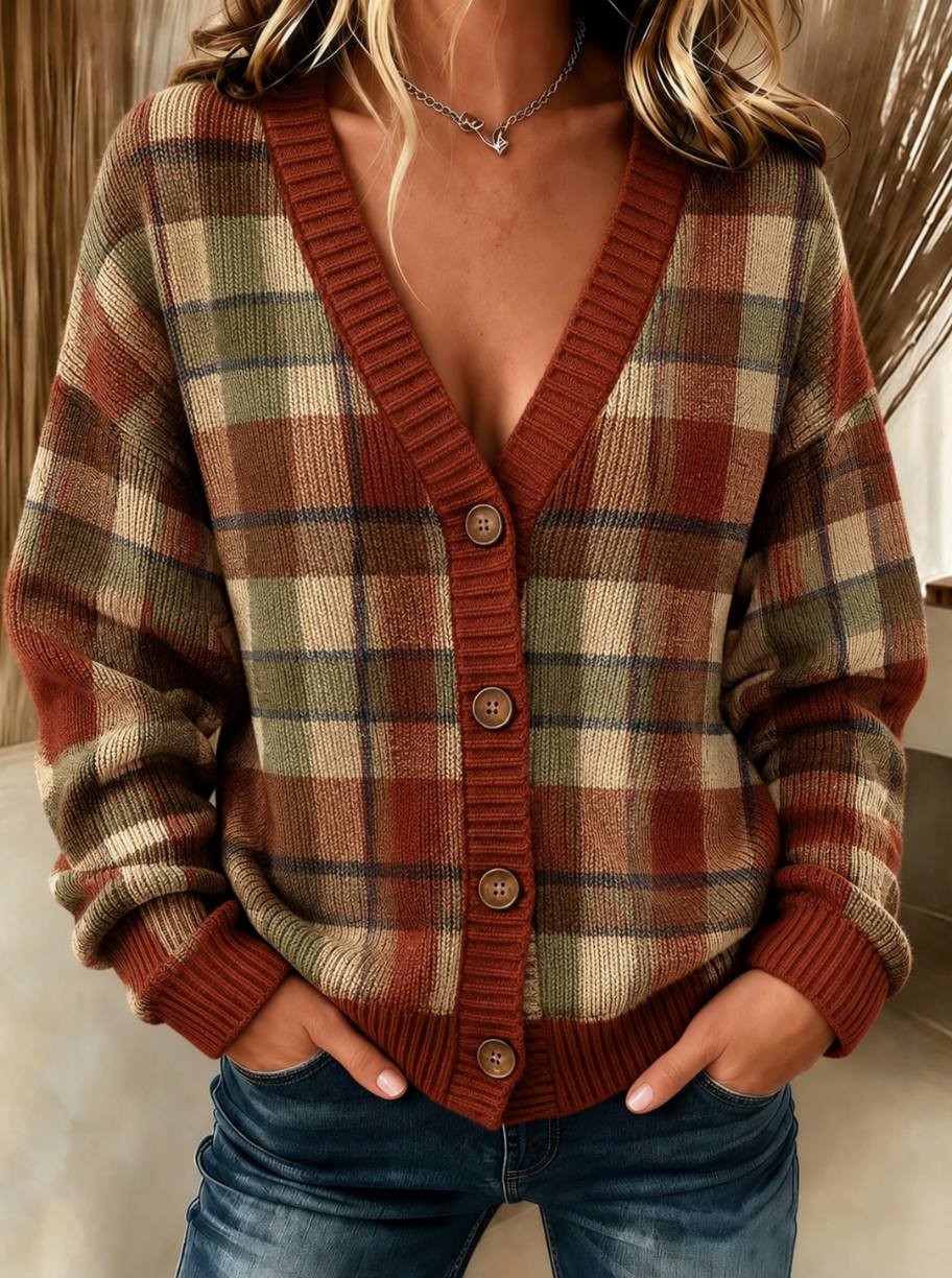 Women's Rust Plaid V-Neck Button Knit Cardigan