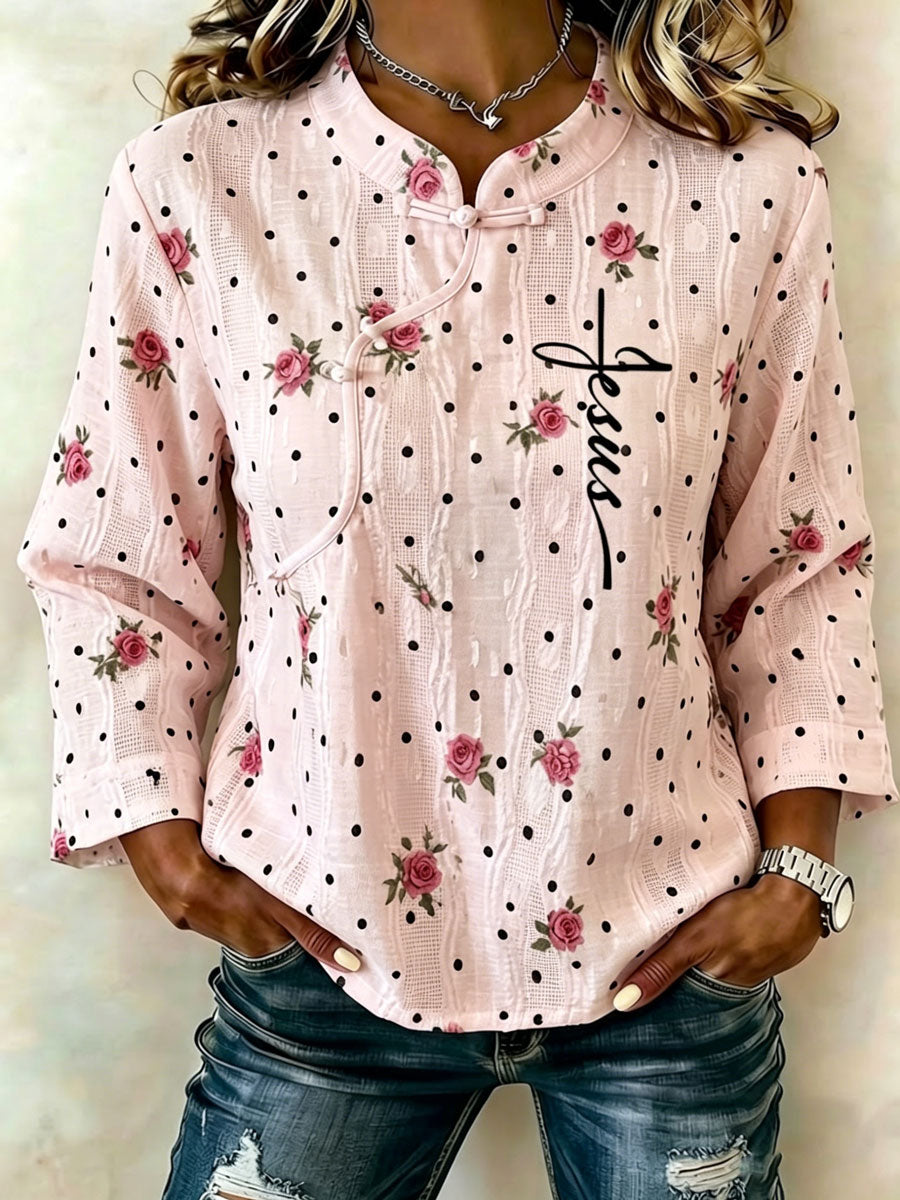 Women'S Cotton And Linen Floral Faith Print Top