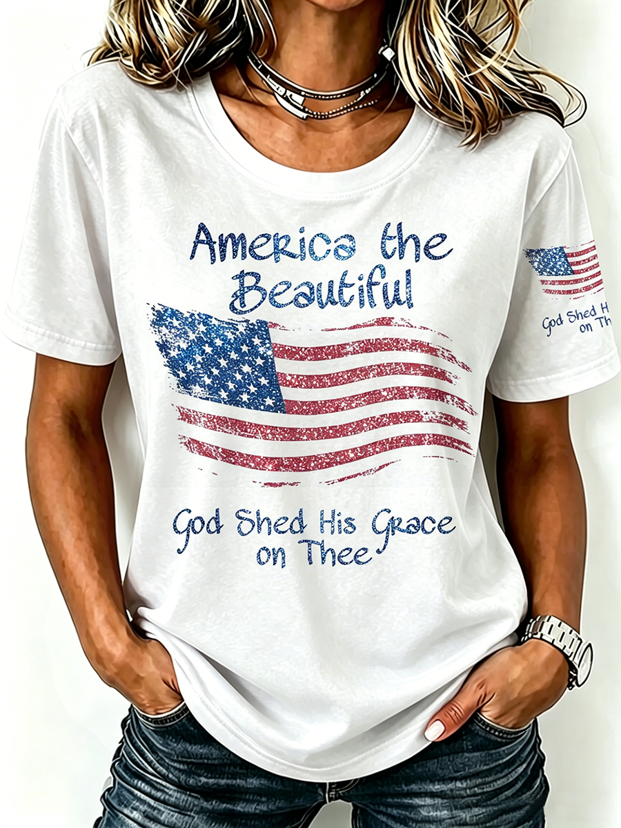 American Flag Faith Commemorative Printed Round Neck T-Shirt