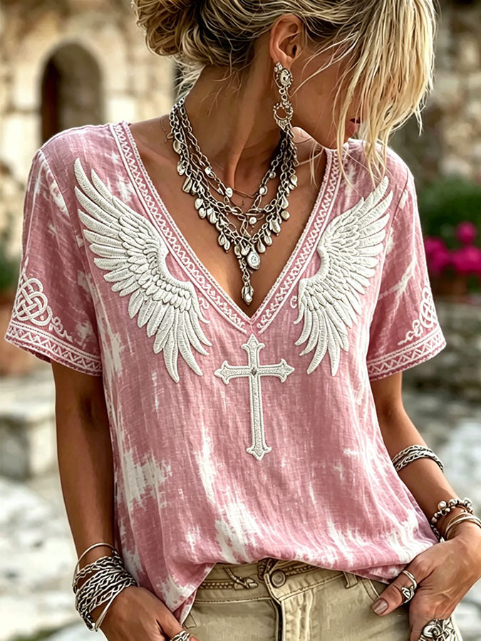 Boho Faith Cross Art Linen Blend V-Neck Short Sleeve Shirt