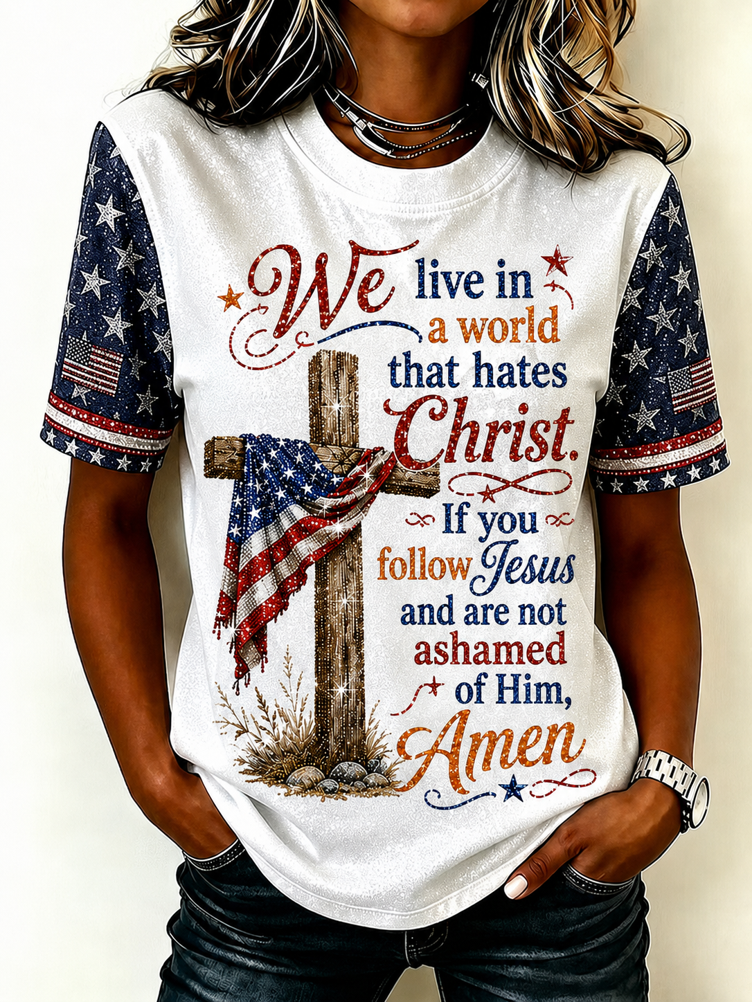 Women'S Clothing American Faith Flag Glitter Print Round Neck Top