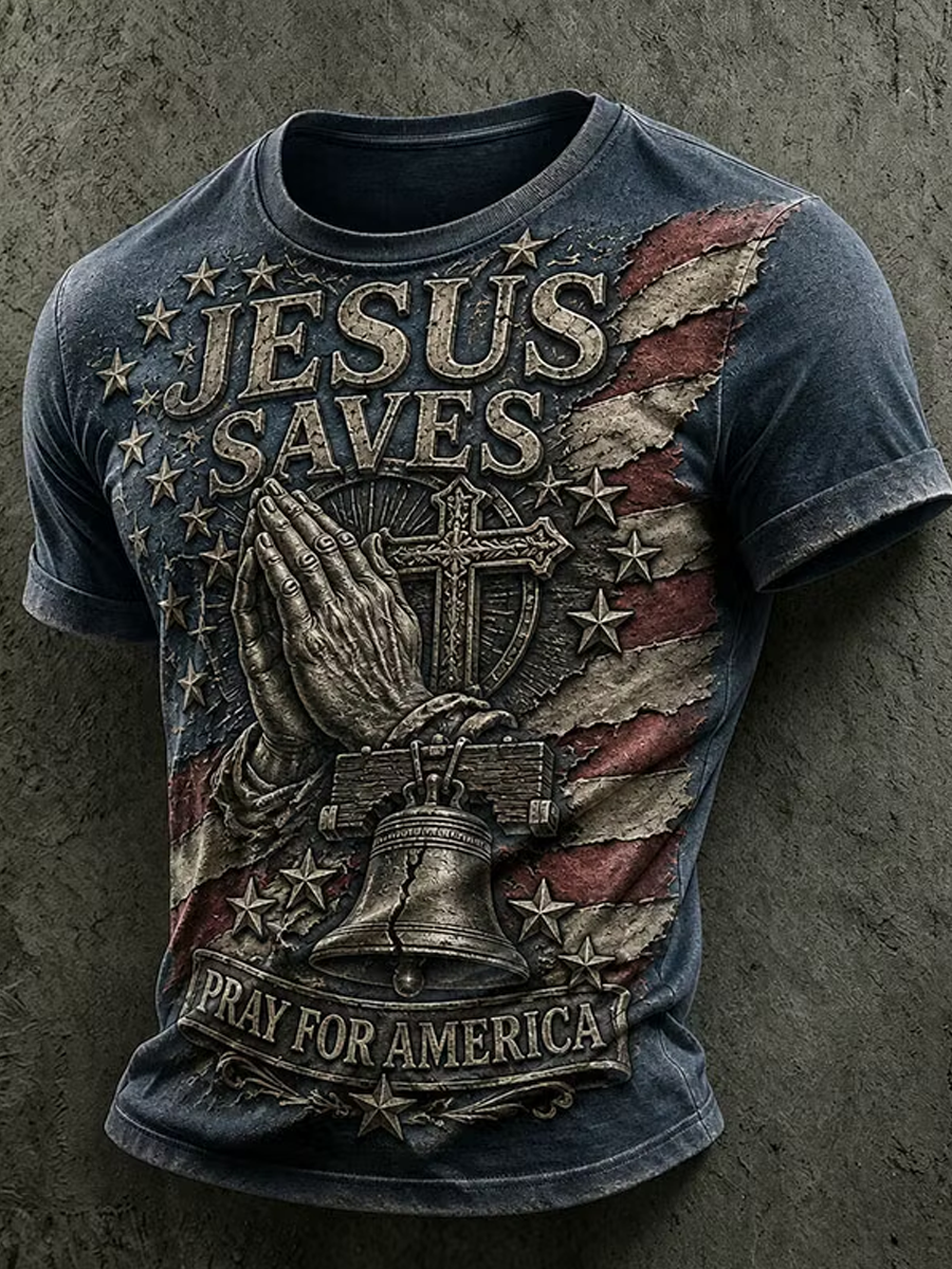 Jesus Saves, Prays For America, Retro American Flag Pattern T-Shirt