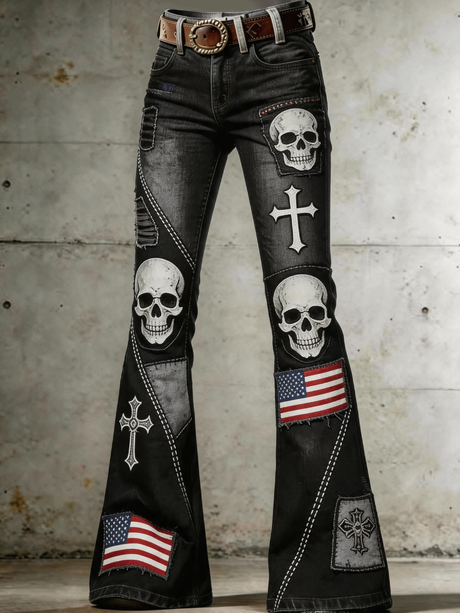 Women'S Retro Cross Skull Art Print Flare Pants