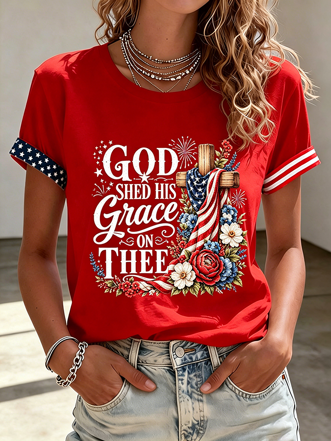 Women's Floral American Flag Printed Casual T-shirt